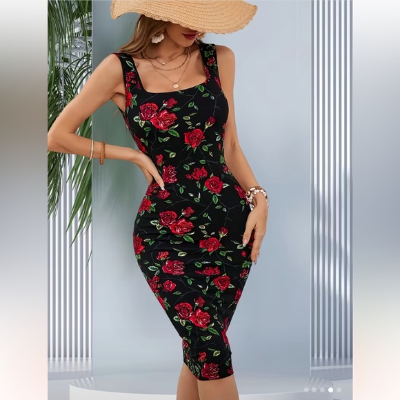 Dresses & Skirts - Floral Black and Red Bodycon Dress/ stretchy/Comfortable/ Slim Fit